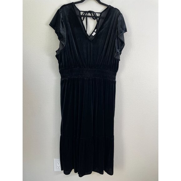 Gap Womens Plus XXL Black Velvet Midi Midi Dress Flutter Sleeve V Neck - Picture 1 of 8